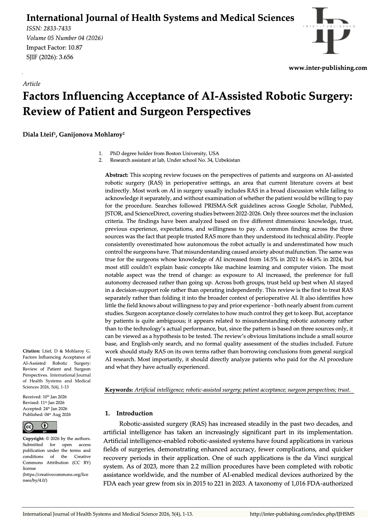 Factors Influencing Acceptance of AI-Assisted Robotic Surgery: Review of Patient and Surgeon Perspectives